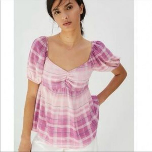 Anthropologie En Elly Ombre Plaid Babydoll Blouse Sweetheart Smocked Top L NWT - Picture 2 of 6